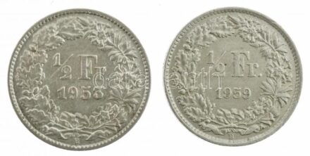 Svájc 1953B 1/2Fr Ag + 1959B 1/2Fr Ag T:2 patina, kis ph Switzerland 1953B 1/2 Franc Ag + 1959B 1/2 Franc Ag C:XF patina, small edge error Krause KM#23