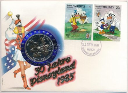 Maldív-szigetek 1985. 'Disneyland 30. évfordulója' fém emlékérem felbélyegzett borítékon, alkalmi bélyegzéssel T:1- Maldives 1985. '30th anniversary of the Disneyland' metal medallion in envelope with stamp C:AU