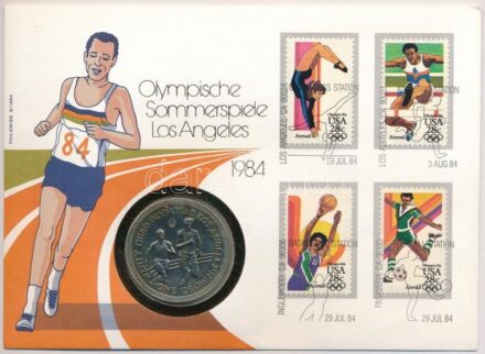 Man-sziget 1984. 1C Cu-Ni 'Olimpia - Atléták' felbélyegzett borítékon, alkalmi bélyegzéssel T:1 Isle of Man 1984. 1 Crown Cu-Ni 'Olympics - Athletes' in envelope with stamp C:UNC Krause KM#118