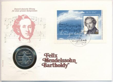 Német Szövetségi Köztársaság 1984J 5M Cu-Ni 'Felix Bartholdy születésének 175. évfordulója' érmés borítékban, bélyeggel és bélyegzéssel T:1 Federal Republic Germany1984J 5 Mark Cu-Ni '175th Anniversary - Birth of Felix Bartholdy'