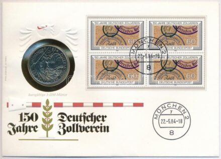 Német Szövetségi Köztársaság 1984D 5M Cu-Ni 'Német Vámunió 150. évfordulója' érmés borítékban, bélyeggel és bélyegzéssel T:1 Federal Republic Germany 1984D 5 Mark Cu-Ni '150th Anniversary - German Customs Union' in coin envelope