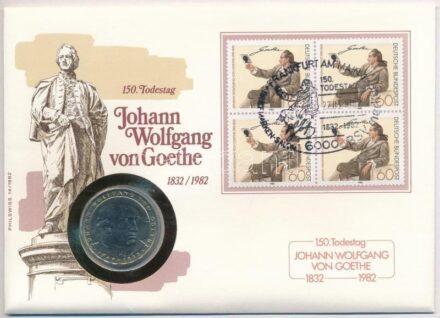 Német Szövetségi Köztársaság 1982D 5M Cu-Ni 'Johann Wolfgang von Goethe' érme felbélyegzett borítékban T:1 Federal Republic Germany 1982D 5 Mark Cu-Ni 'Johann Wolfgang von Goethe' coin in envelope with stamp and cancellation C:UNC