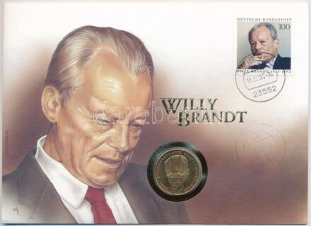 Német Szövetségi Köztársaság 1994D 2M Cu-Ni, 'Willy Brandt' érmés borítékban bélyeggel, bélyegzéssel T:1 FRG 1994 2 Mark Cu-Ni 'Willy Brandt' in coin envelope with stamps and cancellations C:UNC
