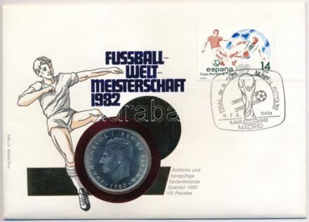Spanyolország 1980. 100P Cu-Ni érmés borítékban, bélyeggel és bélyegzéssel T:1 Spain 1980. 100 Pesetas Cu-Ni in coin envelope with stamp and cancellation C:UNC Krause KM#820