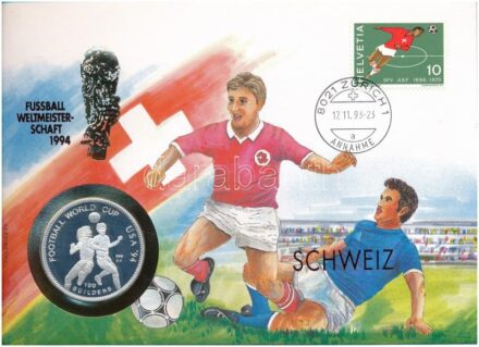 Suriname 1994. 100G ezüstözött fém 'Labdarúgó Világbajnokság USA 1994' érme, 'Svájc' érmés borítékban, bélyeggel, bélyegzéssel német nyelvű leírással T:PP patina Suriname 1994. 100 Guilders silvered metal 'Football World Cup