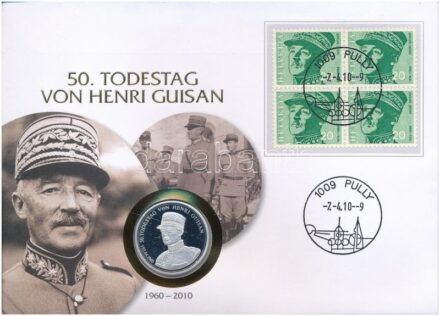 Svájc 2010. 'Henri Guisan halálának 50. évfordulója' emlékérem első napi bélyeges borítékon T:PP patina Switzerland 2010. '50. Todestag von Henri Guisan' commemorative medallion in coin letter with stamp, first day issue C:PP patina