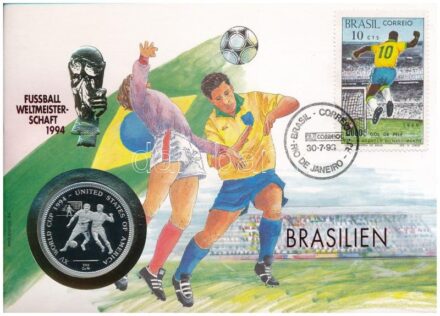 Uganda 1993. 1000Sh Cu-Ni 'Labdarúgó Világbajnokság USA 1994' érme, 'Brazília' érmés borítékban, bélyeggel, bélyegzéssel, német nyelvű leírással T:PP Uganda 1993. 1000 Shillings Cu-Ni 'Football World Cup 1994 USA' coin in 'Brazil'