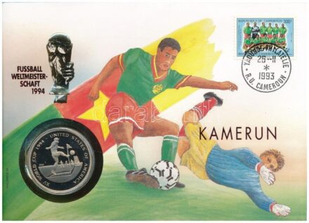 Uganda 1994. 1000Sh Cu-Ni 'Labdarúgó Világbajnokság USA 1994' érme, 'Kamerun' érmés borítékban, bélyeggel, bélyegzéssel, német nyelvű leírással T:PP kis patina Uganda 1994. 1000 Shillings Cu-Ni 'Football World Cup 1994 USA' coin in
