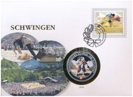 Svájc 2016. 'Schwingen' kétoldalas Cu-Ni multicolor emlékérem, felbélyegzett borítékban, elsőnapi bélyegzéssel T:PP Switzerland 2016. 'Schwingen' two-sided Cu-Ni multicolor medallion in envelope with stamp and first day cancellation C:PP
