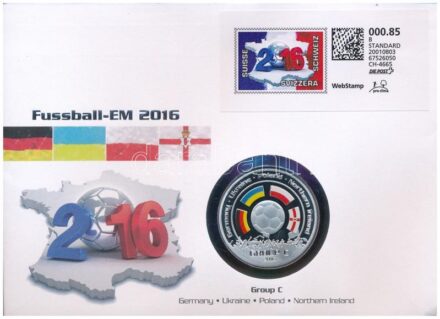 Svájc 2016. 'Labdarúgó Európa Bajnokság 2016. Franciaország' kétoldalas Cu-Ni multicolor emlékérem, felbélyegzett borítékban, elsőnapi bélyegzéssel T:PP patina Switzerland 2016. 'Football European Championship 2016. France'
