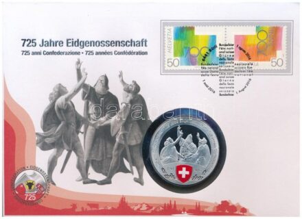Svájc 2016. '725 éves a Konföderáció' kétoldalas Cu-Ni multicolor emlékérem, felbélyegzett borítékban, elsőnapi bélyegzéssel T:PP Switzerland 2016. '725th anniversary of the Confederation' two-sided Cu-Ni multicolor medallion in