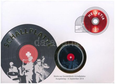 Svájc 2014. 'Hanglemez' kétoldalas Cu-Ni multicolor emlékérem, felbélyegzett borítékban, elsőnapi bélyegzéssel T:1 Switzerland 2014. 'Schallplatte' two-sided Cu-Ni multicolor medallion in envelope with stamp and first day cancellation
