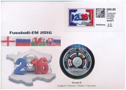 Svájc 2016. 'Labdarúgó Európa Bajnokság 2016. Franciaország' kétoldalas Cu-Ni multicolor emlékérem, felbélyegzett borítékban, elsőnapi bélyegzéssel T:PP patina Switzerland 2016. 'Football European Championship 2016. France'