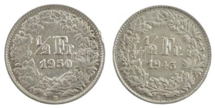 Svájc 1943B 1/2Fr Ag + 1950B 1/2Fr Ag T:2- patina, ph, karc Switzerland 1943B 1/2 Franc Ag + 1950B 1/2 Franc Ag C:VF patina, edge error, scratch Krause KM#23