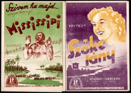 cca 1920-40 össz. 8 db illusztrált, részben litografált borítóval rendelkező magyar, német és francia kotta: Szőke lány foxtrot; Szívem ha majd...Mississipi, angol keringő; Kész vagyok apukám stb. Részben sérült. 25×17 és 35x28