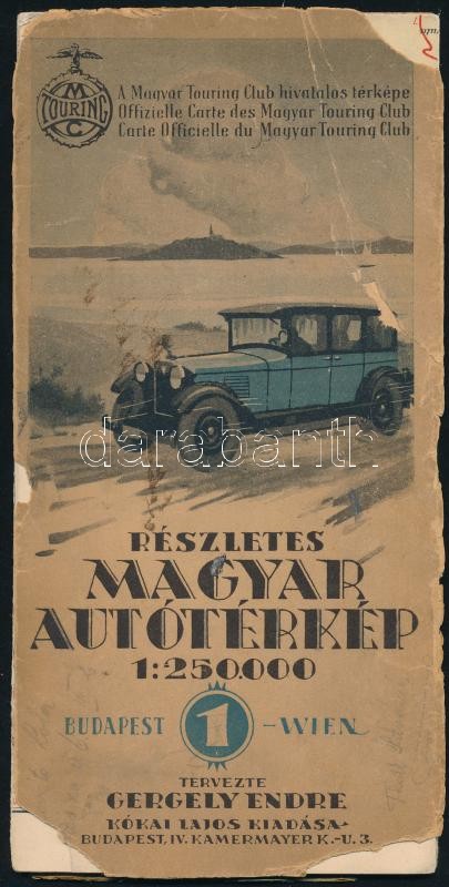 1930-1940 Részletes magyar autótérkép: 1 Budapest-Wien, a Magyar Touring Club hivatalos térképe, terv.: Gergely Endre, 1 : 250.000, Bp., Kókai Lajos (M. Kir. Állami Térképészet), sérüléssel, 106x43 cm Szakadt borítóval