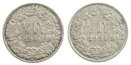 Svájc 1940B 1/2Fr Ag + 1951B 1/2Fr Ag T:2 patina, ph Switzerland 1940B 1/2 Franc Ag + 1951B 1/2 Franc Ag C:XF patina, edge error Krause KM#23