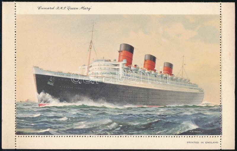 A 'Queen Mary' óceánjáró használatlan fedélzeti levelezőlapja, belsejében R.M.S. Queen Mary felirattal