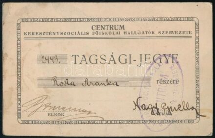 Centrum Keresztényszociális Főiskolai Hallgatók Szervezete tagsági jegy