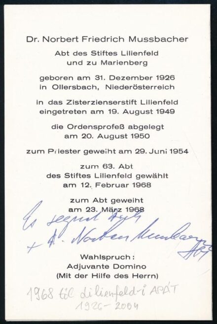 1968 Dr. Norbert Friedrich Mussbachr (1926-2004) lilienfeldi apát aláírása