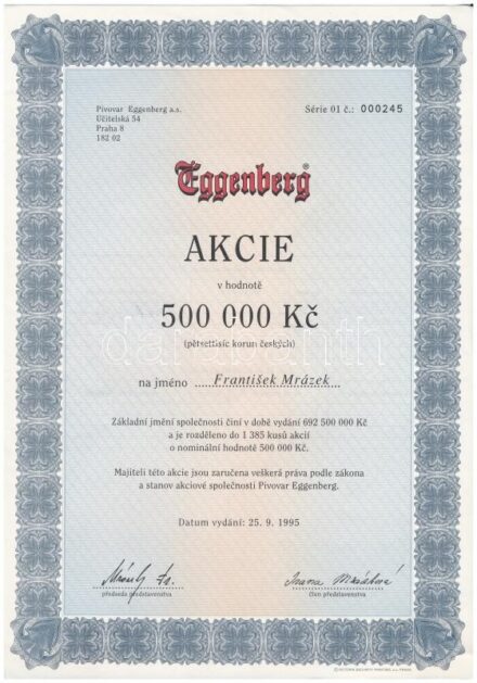 Csehország 1995. 'Eggenberg' sörgyár részvénye 500.000K-ról T:I Czech Republic 1995. 'Eggenberg' brewery share about 500.000 Korun C:UNC