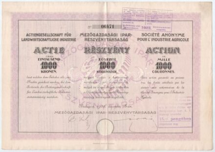 1923. 'Mezőgazdasági Ipar-Részvénytársaság' részvénye 1000K-ról, három nyelven, szárazpecséttel, felülbélyegzésekkel, szelvényekkel + ~1990. 'Első Danubius Közraktározási és Kereskedelmi Zrt. Közraktározási Jegy'