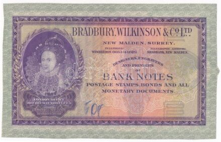 Nagy-Britannia ~1900. 'Bradbury, Wilkinson & Co. Ltd.' bankjegy, postai bélyeg, részvény véső és nyomtató cég reklámja, melynek egyik oldala bankjegy-, másik oldala részvényszerű T:I- United Kingdom ~1900. 'Bradbury, Wilkinson