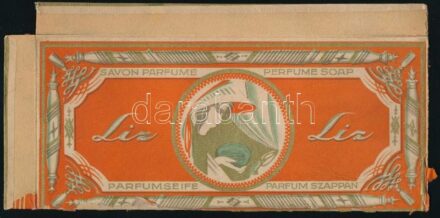 cca 1920-1940 Liz parfum szappan, régi kartondoboz illusztrált töredékes fedele, sérült, 12x26 cm