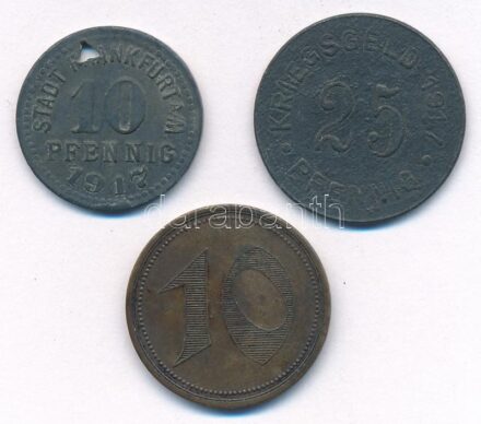 Német Birodalom / Frankfurt 1917. 10pf Zn háromszög alakú lyukasztással, szükségpénz + Münster 1917. 25pf Zn szükségpénz + Németország / Bethel Üzeletek DN 10pf sárgaréz T:2,2- German Empire / Frankfurt 1917. 10 Pfennig Zn