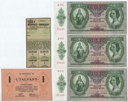 1936. 10P (3x, sorszámkövető: B 675 071120 - B 675 071122) + 1919. 1K 'Pester Lloyd' szükségpénz / utalvány + 1945. 'Budapesti cukorjegy' T:I-,II