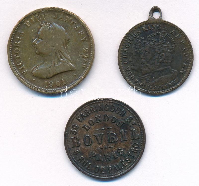 Nagy-Britannia 1901. 'Viktória halálára / VII. Edward és Alexandra' Cu zseton + Németország 1902. 'Az angol királyi pár koronázására' Cu zseton füllel, angol nyelven + Nagy-Britannia DN 'Bovril' Br zseton T:2-3 Greati-Britain 1901.