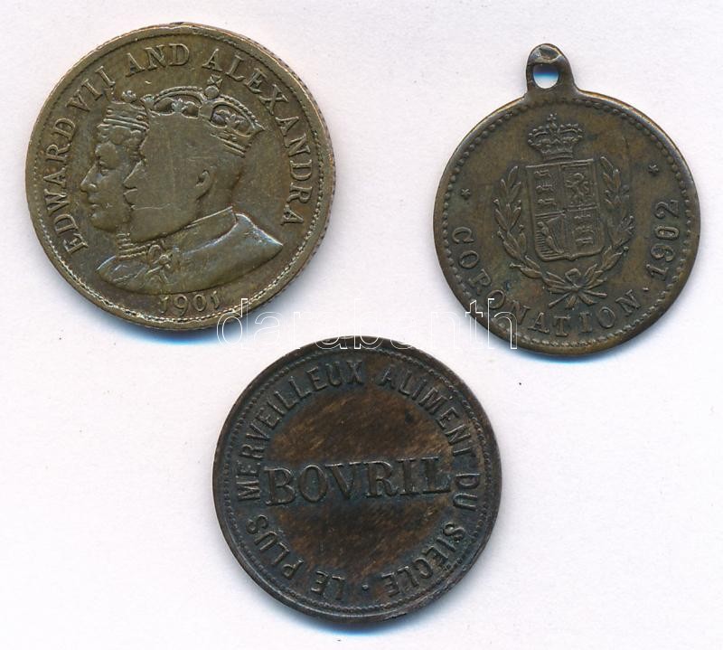 Nagy-Britannia 1901. 'Viktória halálára / VII. Edward és Alexandra' Cu zseton + Németország 1902. 'Az angol királyi pár koronázására' Cu zseton füllel, angol nyelven + Nagy-Britannia DN 'Bovril' Br zseton T:2-3 Greati-Britain 1901. - Image 2
