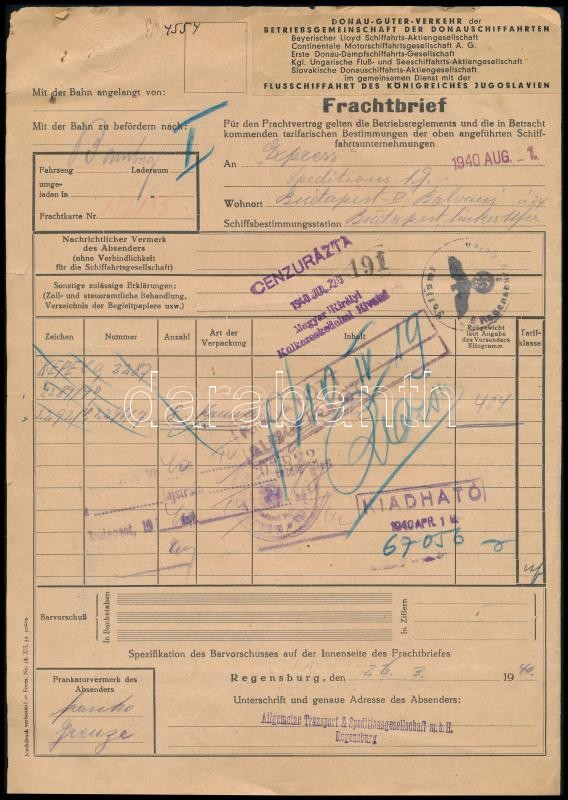 1940 Expressz hajóraklevél Regensburg - Budapest