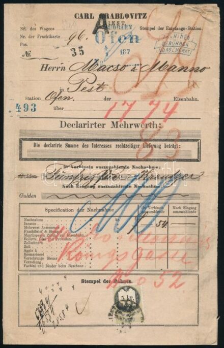 1871 Vasúti fuvarlevél 5kr okmánybélyeggel Triest - Ofen