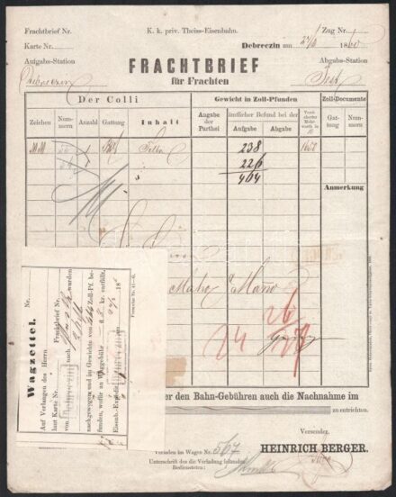 1860 Vasúti fuvarlevél Debreczin - Pest