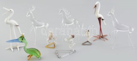 9db miniatűr muránói üveg állat figura, kutya, gólya, ló, szarva, pelikán, őz, gyűjteményi darabok, sérülésekkel m: cca. 5-9cm