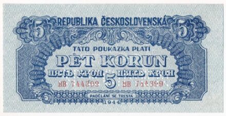 Csehszlovákia 1944. 5K 'SPECIMEN' perforációval T:I Czechoslovakia 1944. 5 Korun with 'SPECIMEN' perforation C:UNC Krause P#49