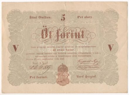 1848. 5Ft 'Kossuth bankó' barna nyomat '15659' T:III szép papír, középen kis szakadás Adamo G109A
