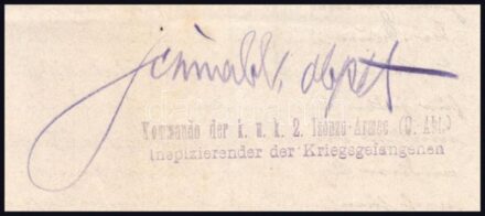1918 Német nyelvű irat 'Kommando der k.u.k. 2. Isonzo-Armee Inspizierender der Kriegsgefangenen' eredeti bélyegzéssel és aláírással, 3p