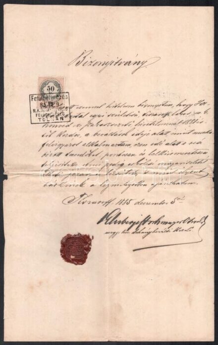 1885 Tiszaroff, bizonyítvány 50 kr okmánybélyeggel és címeres viaszpecséttel