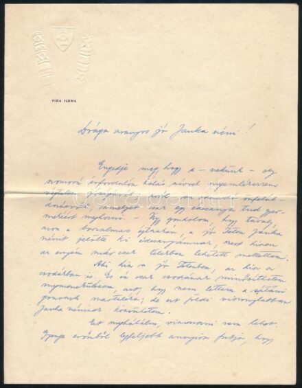 1946 Bp., privát levél, amelyet egy háború előtti hazafias jellegű, kopjafás leventepapírra írtak