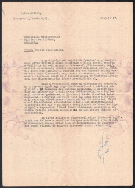 1953 Bp., Honvédelmi Minisztérium újítási osztályának címzett levél utcai harcokban használt kézifegyverek ügyében