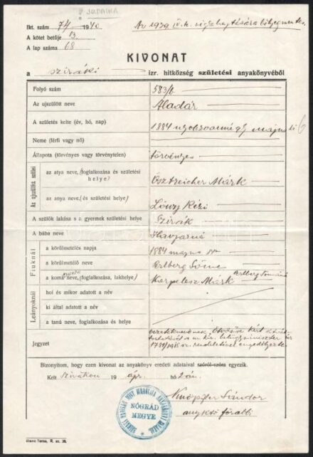 1939 Szirák, kivonat az izraelita hitközség születési anyakönyvéből, főrabbi aláírásával