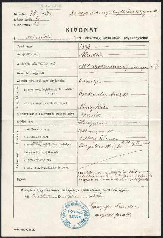 1939 Szirák, kivonat az izraelita hitközség születési anyakönyvéből, főrabbi aláírásával