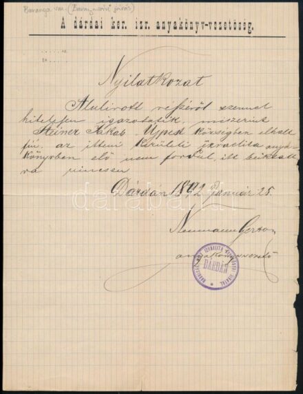 1892 Dárda, nyilatkozat az izraelita anyakönyvből