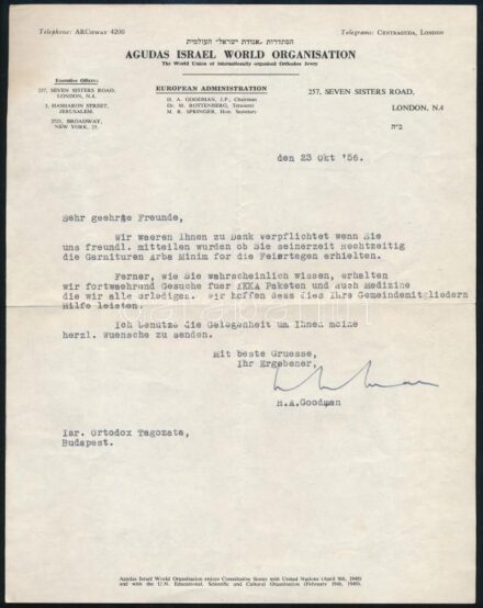 1956. október 23. Budapesti Izraelita Ortodox Tagozat levele az Agudas Israel World Organisationnek