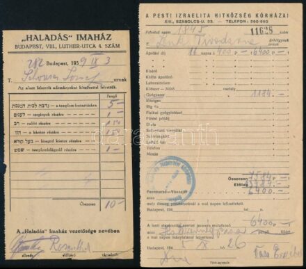 1939, 1945 Pesti Izraelita Hitközség Kórházai és 'Haladás' Imaház által kiállított nyugták