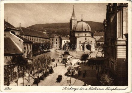 Pécs,Széchenyi tér, Belvárosi templom, villamosok (kis szakadás / tear)