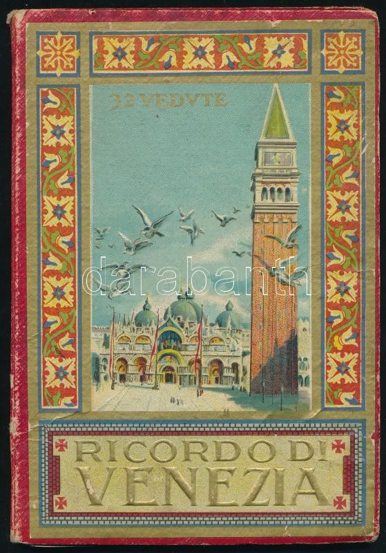 cca 1900 Ricordo di Venezia leporelló, benne 32 kép, 6 oldalas panoráma kép, 2 oldalas térkép