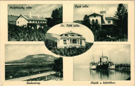 Badacsony, Malatinszky, Dr. Tóth és Fach villa, látkép, gőzhajók a kikötőben (Rb)